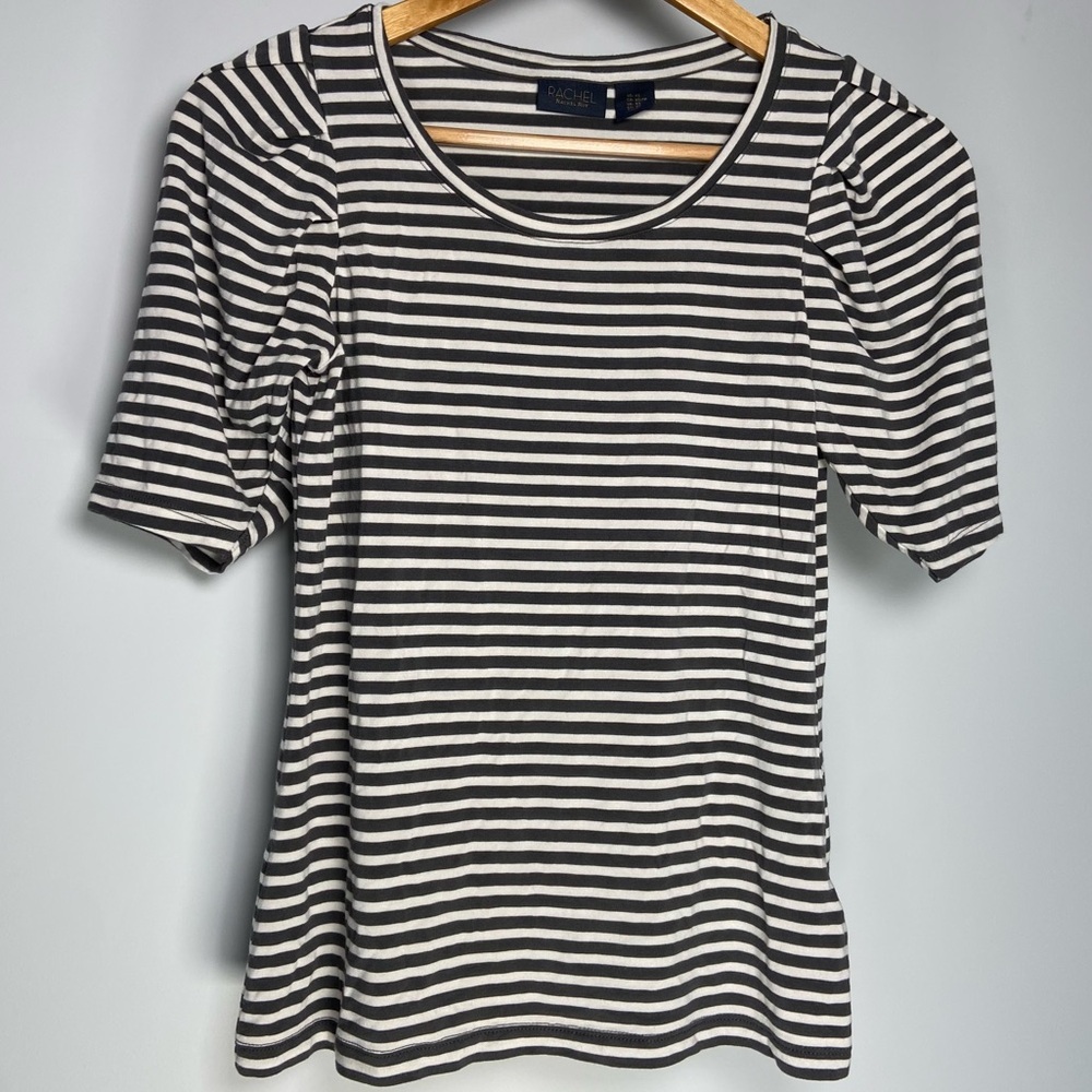 Rachel Roy Striped Top Grey White Puff Sleeve Nautical Fisherman Coastal Grandma